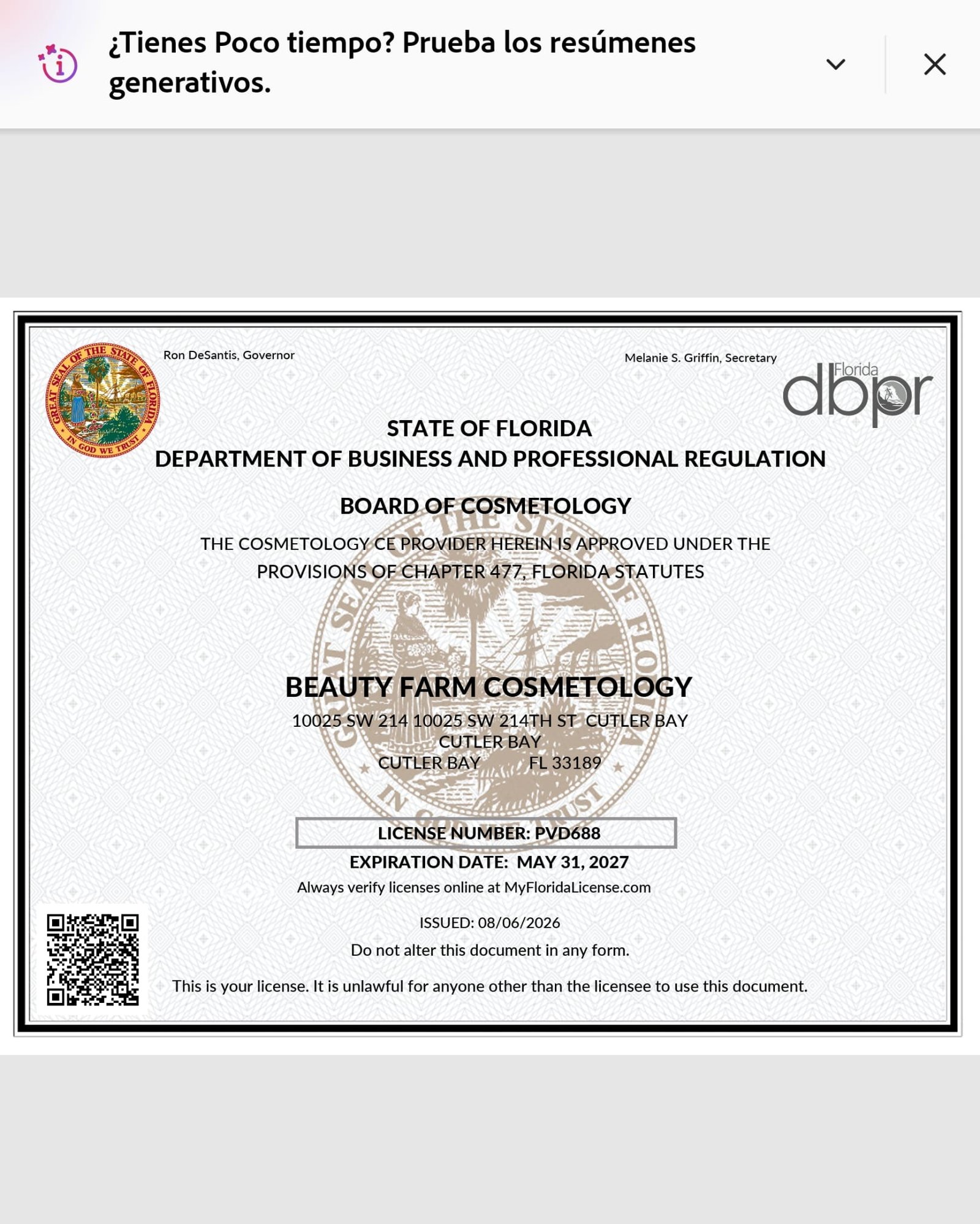 Florida DBPR — Beauty Farm Cosmetology, PVD688